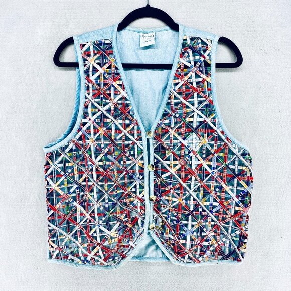 Cascade Jackets & Blazers - Vintage Cottagecore Vest Womens M Patchwork Denim Boho Costal Cowgirl Grandma